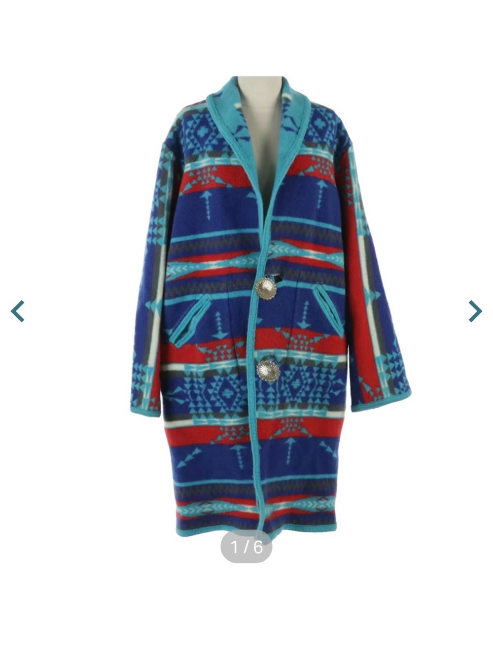 Turquoise & Red Geometric Shawl-Collar Coat